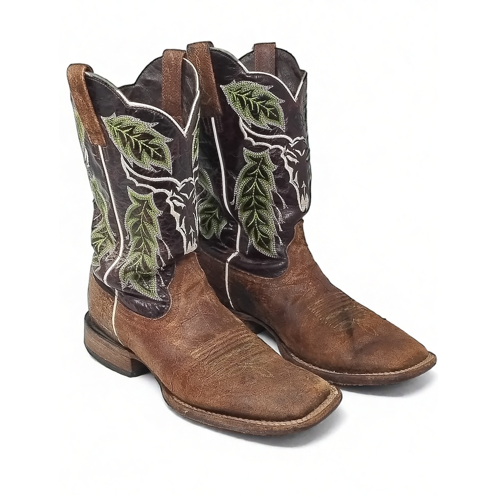 Ariat Mens 9D Western Boots Brown Leather Square Toe Embroidered Cowboy Workwear